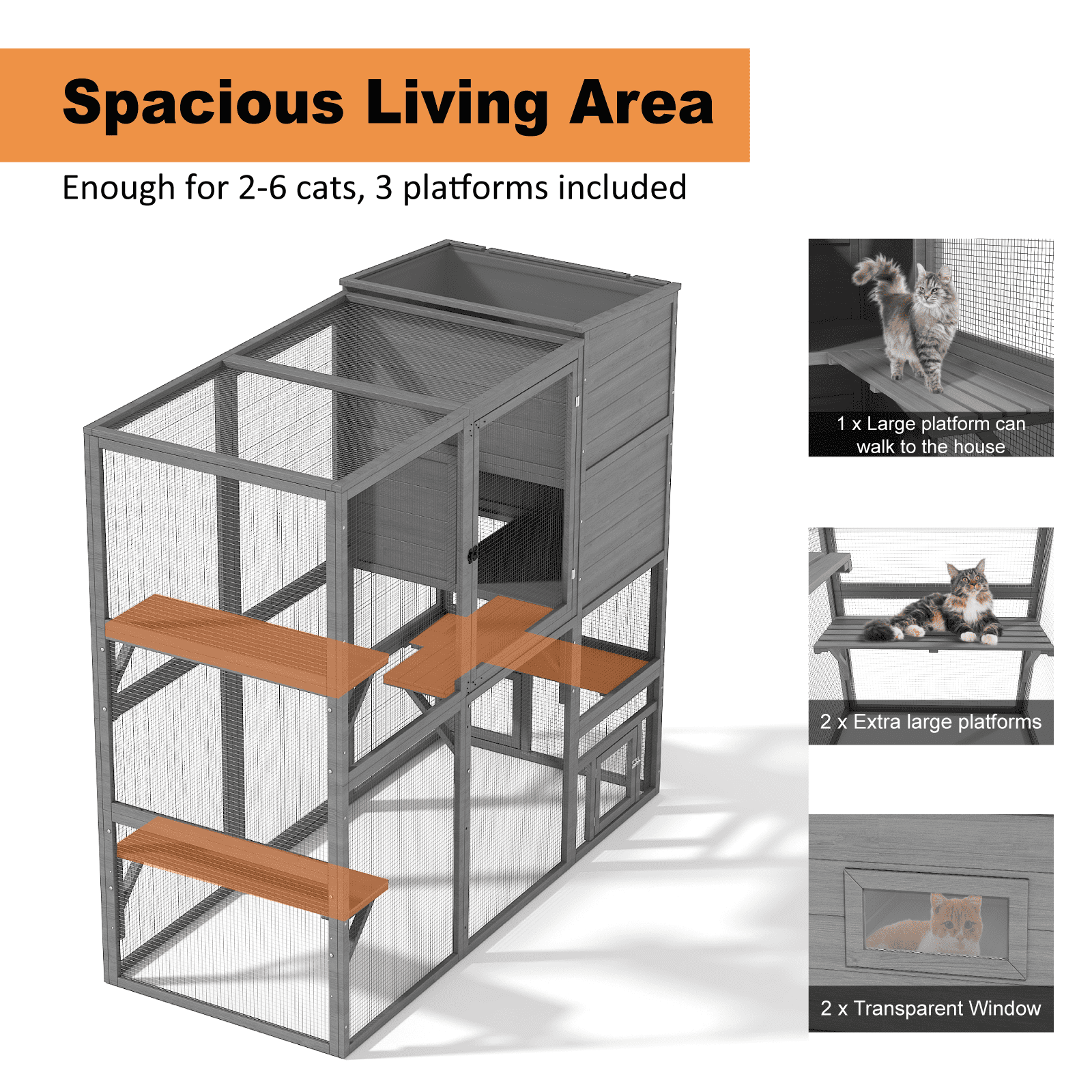 TIMHAKA Catio Outdoor Cat Enclosure Large Wooden Cat House for Mulitiple Cats w/ Resting Box, Platform, Waterproof Roof & Large Door, Gray