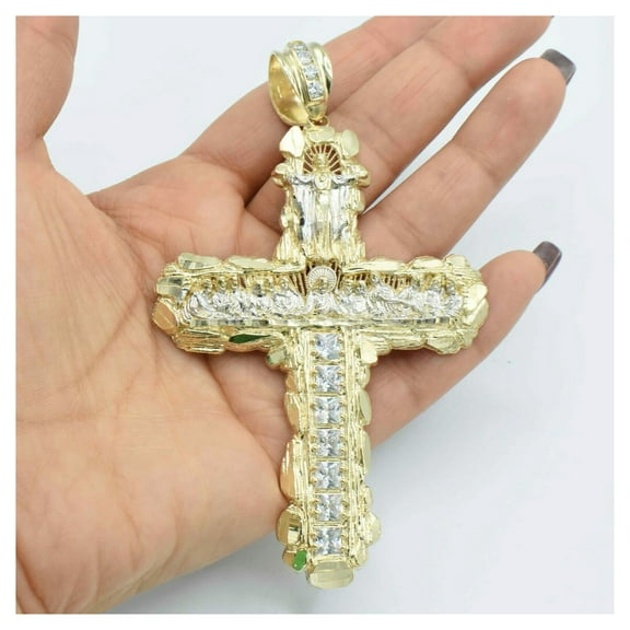 CZ Nugget Last Supper Virgin Mary Cross Unisex Adult Pendant 10K Two-Tone Gold,21.62 Gr Goldum NYC