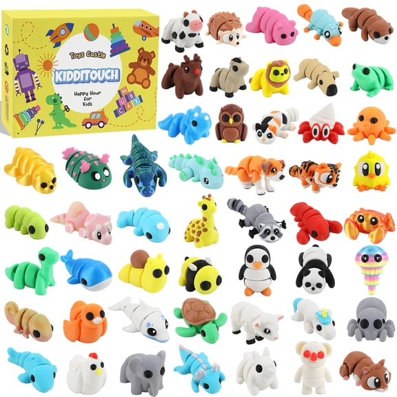 KiddiTouch 50 Pcs 3D Printed Animals Figurines Set ,Mini 3D Printed Toys for Kids,Flexible Articulated Fidget Toys,Collectible Animal Desk Pets for Display, Decor for Party Favors Boys Girls Gifts