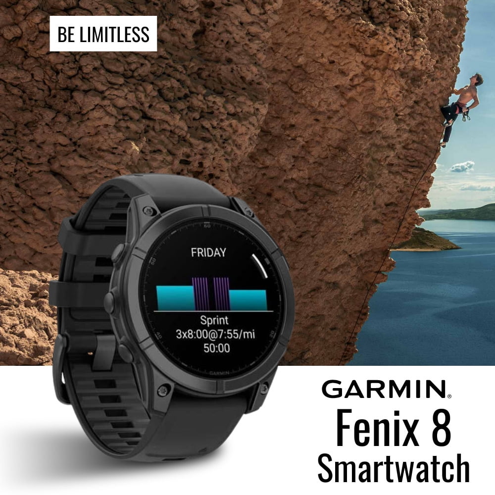 Garmin fenix 8 43mm GPS Smartwatch (Carbon Gray DLC Titanium and Black-Pebble Gray) Bundle with Waterproof Hard Case (Black) and Focus Camera Charger Stand for Garmin Smartwatches (3 Items)