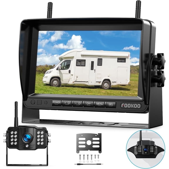 Fookoo Wireless Backup Camera for Furrion RV, 7-inch Split Screen Monitor, IP69 Waterproof Rear View Cam Parking Lines for RV/Trailer/Truck (DW701)