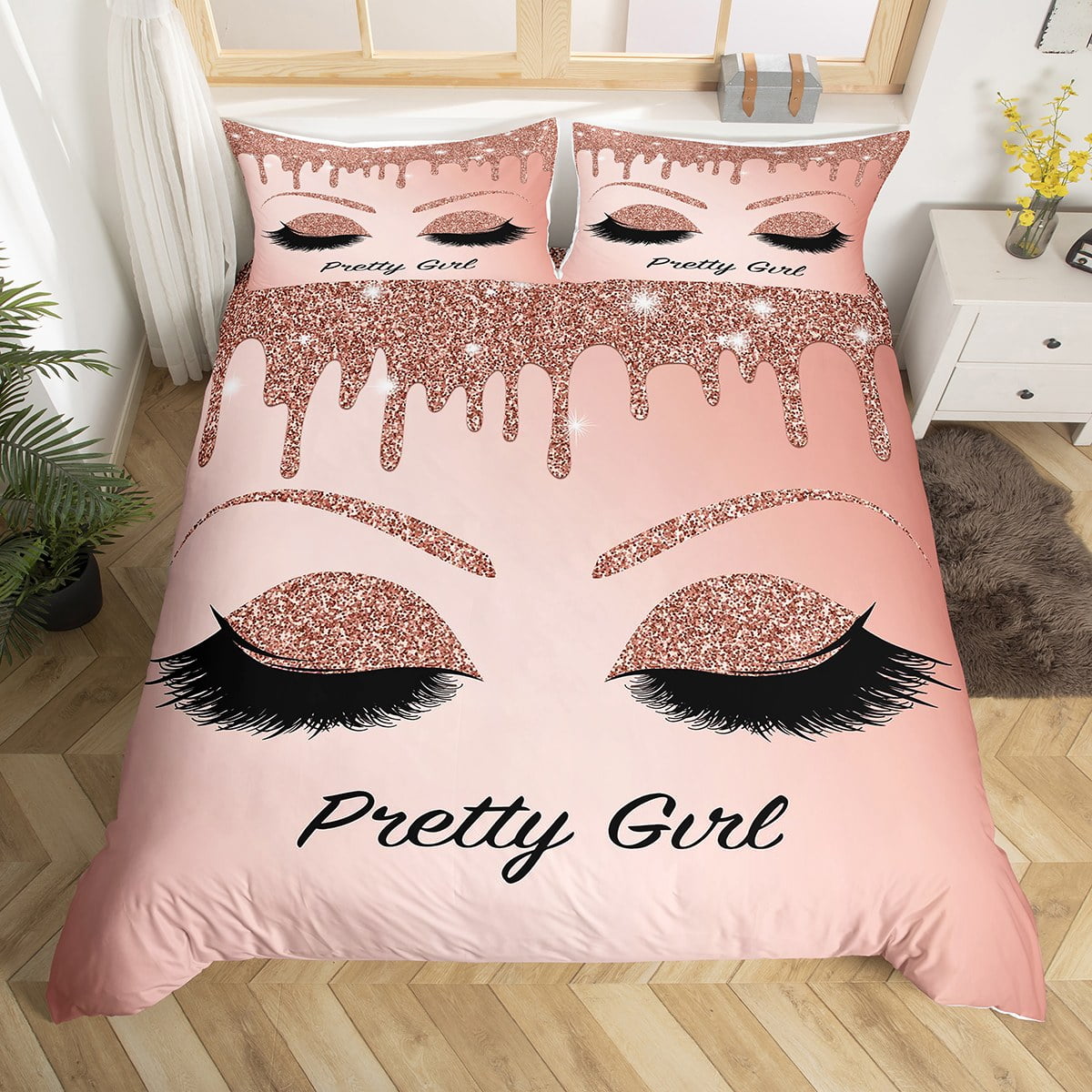 YST Eyelash Duvet Cover Twin Makeup Girly Bedding Set For