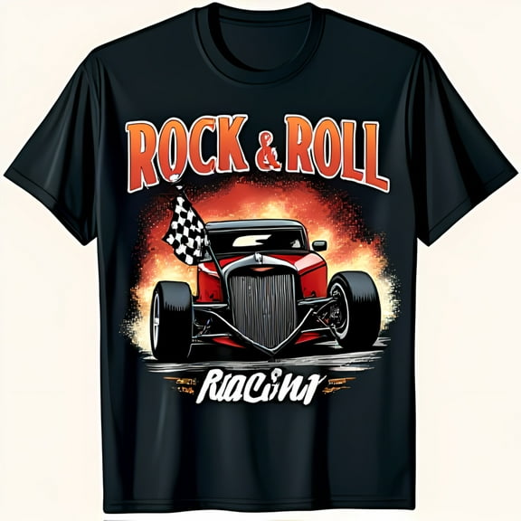 Vintage Rock & Roll Black T-Shirt with Flames & Checkered