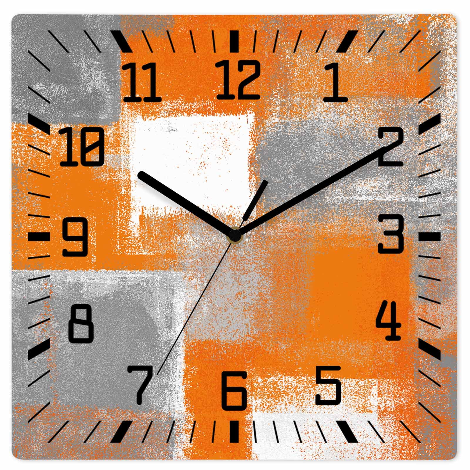 Orange Grey Wooden Wall Clock Silent Non Ticking, Modern White Mottled Graffiti Art Painting Square Wall Clocks Battery Operated, Decor Clock for Home Office, Living Room, Kitchen, 12 Inch