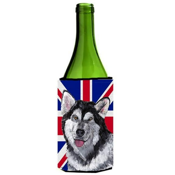 Alaskan Malamute With English Union Jack British Flag Wine bottle sleeve Hugger - 24 Oz.