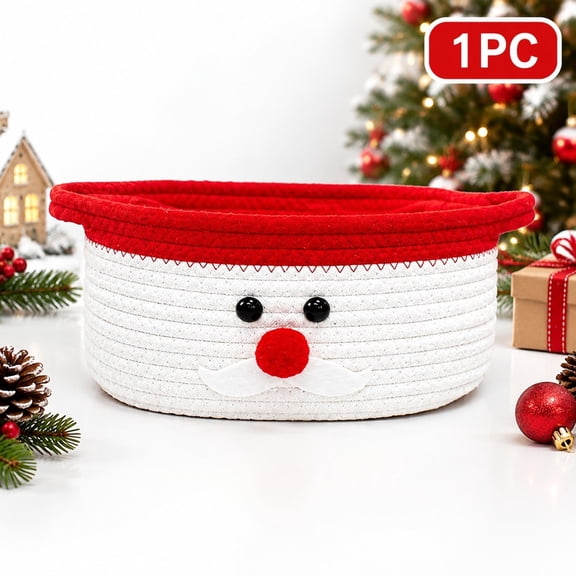 Christmas Storage Basket with Handles Santa Face Cotton Rope Bin for Candy Gifts Tabletop Decor