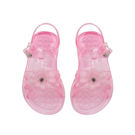 Pink Flower Shape - Sara Z Toddler Girls Strappy Jelly Slingback Flat Sandal with Rhinestone Flower 5/6 Pink