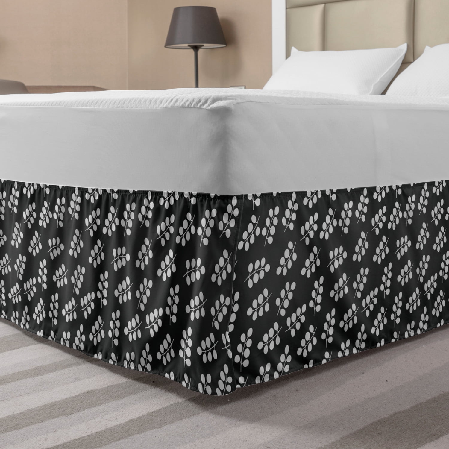 Grey and White Bed Skirt, Abstract Leaves of Deciduous Trees Modern