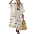 thumbnail image 1 of IFNWSV Robes Grande Taille, Robe Longue Ample à Rayures à Manches Mi-Longues et Col en V avec Poche Style Mode Décontracté, Robes d'Été pour Femmes Blanc 3TG, 1 of 5