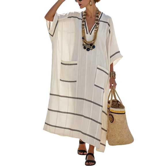 HBGVBA Women's Casual Maxi Dress,Plus Size Short Sleeve Dresses,Striped V-Neck Loose Pocket Breathable Long Dress