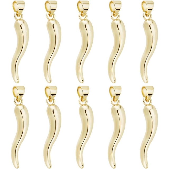 1 caja de 10 amuletos de cuerno chapados en oro de 18 quilates con forma de cuerno de la abundancia y agujero para hacer joyas.
