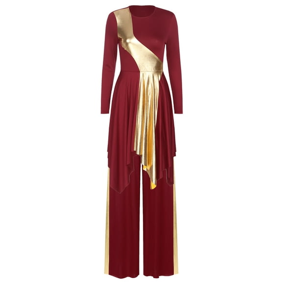 dPois Women Lyrical Liturgical Dancewear Tunic Gold Trim Metallic Praise Dance Dress with Baggy Pant Burgundy M