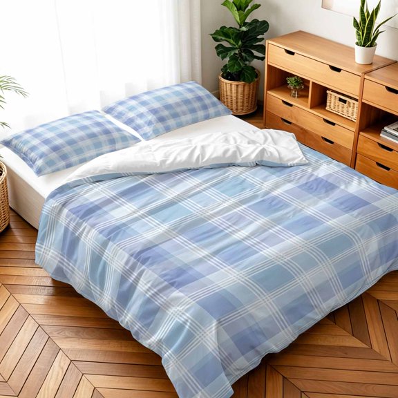 Queen Size 3 Pieces Duvet Cover Sets Blue Purple Plaid Farmhouse Bedding Set,Microfiber Soft Comforter Cover with Pillow Shams,Luxury Quilt Covers for Bedroom Decor Modern Geometric Art