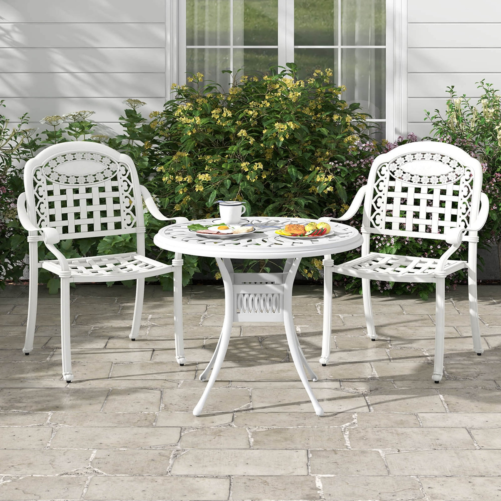 Costway 2pcs Patio Cast Aluminum Armrest Chairs Dining Stackable Outdoor White