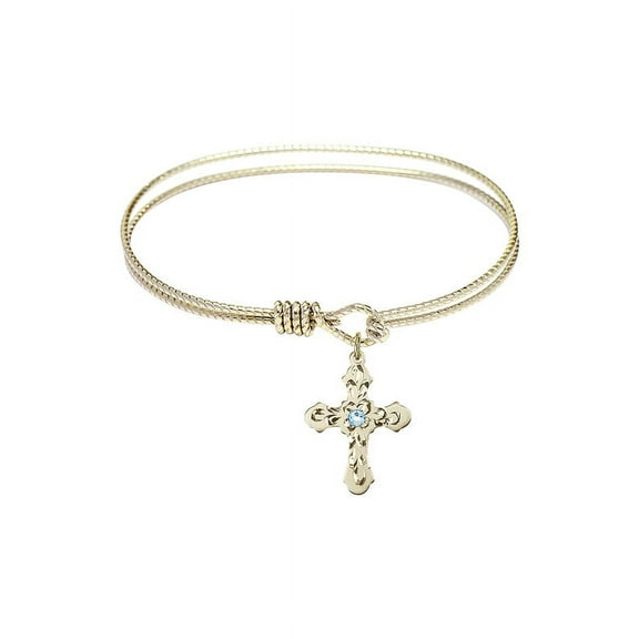 7 1/4 inch Oval Eye Hook Bangle Bracelet w/ Cross medal charm w/ March Blue Swarovski Crystal