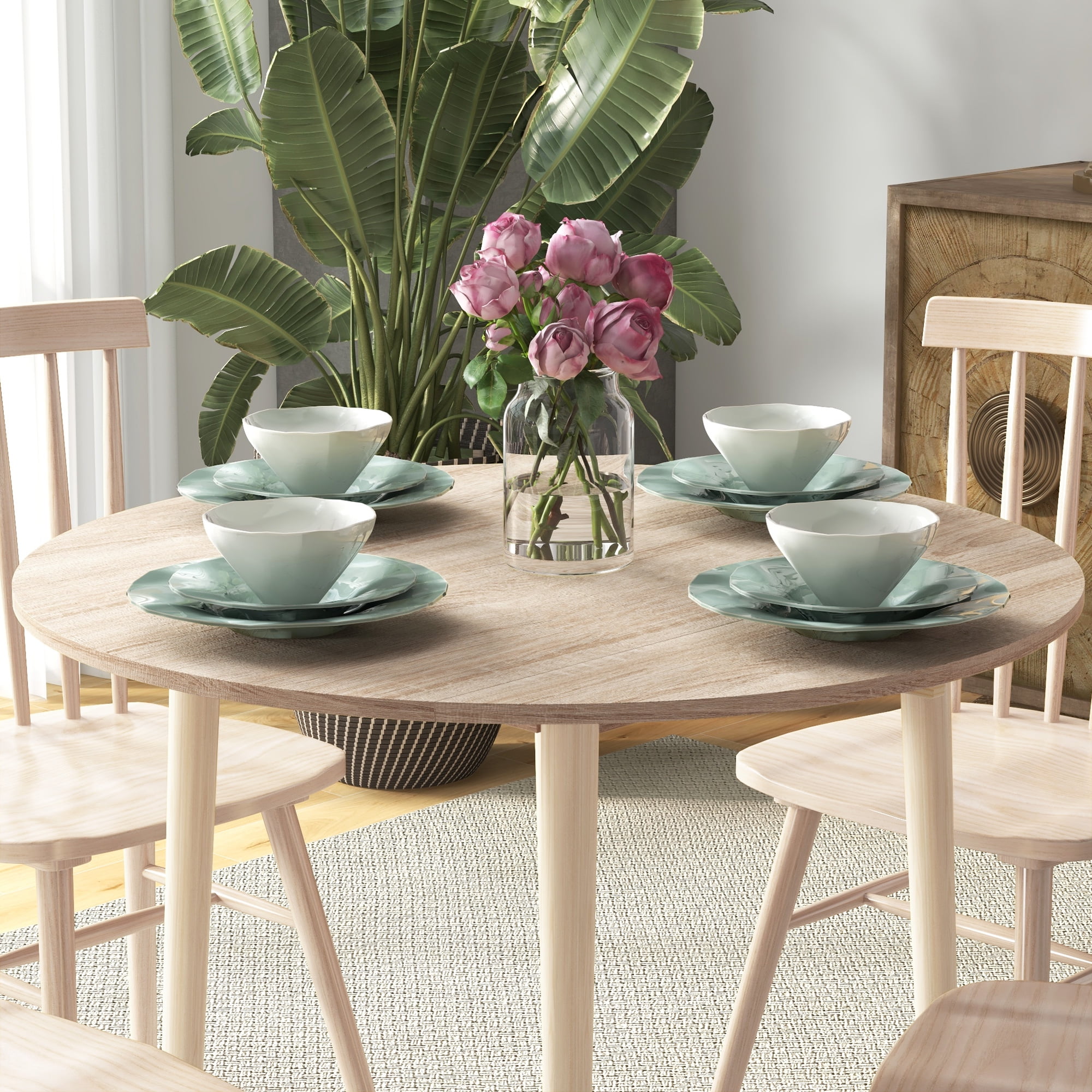 HOMCOM Foldable Dining Table, Round Drop Leaf Table w/ Wood Legs, Oak Color