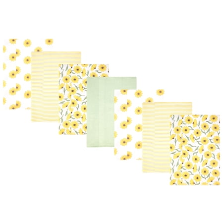 Hudson Baby Girl Cotton Polyester Flannel Burp Cloths 7-Pack, Yellow Daisy, One Size