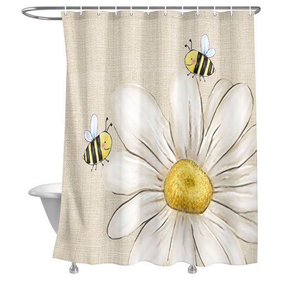 White Daisy Honeybees Shower Curtain, Farmhouse Floral Vintage Minimalist Lightweight Waterproof Fabric Shower Curtain with Rustproof Grommets for Bathroom Bathtub 72x78in