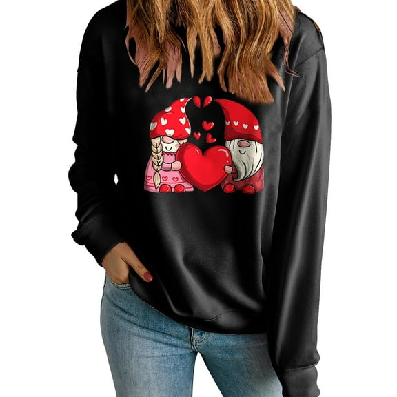 ibuvkizy Sweatshirt for Women Valentine's Day Round Neck Lover's Love Print Sweatshirt Long Sleeved Pullover Top/shirt Black,XS