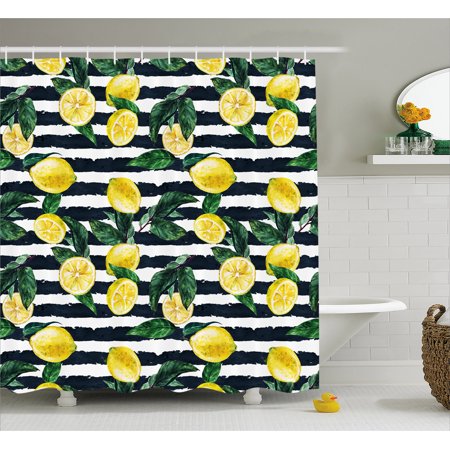 Hunters Bathroom Set (Modern Shower Curtain, Refreshing Lemons on Horizontal Striped Background Exotic Artwork, Fabric Bathroom Set with Hooks, Yellow Hunter Green Indigo, by)