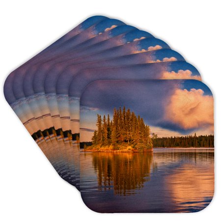 3drose, Canada, Manitoba, Paint Lake Provincial Park, Island at Sunrise., Set of 8 Coasters - Soft