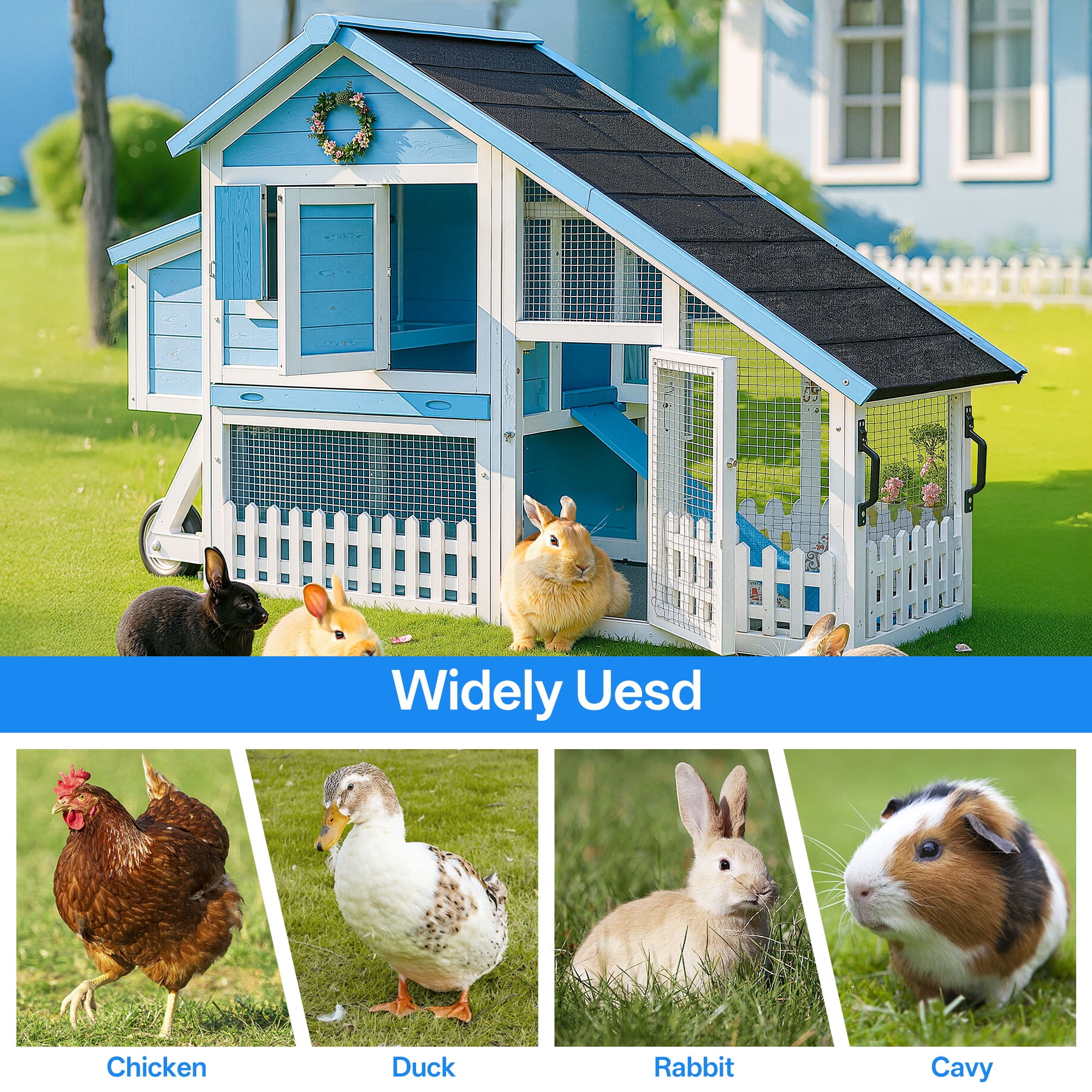 MEWANG Wooden Rabbit Hutch with Wheels, Outdoor Large Bunny Cage with Run, Blue and White Small Animal House with Weatherproof Roof and Pull-Out Tray