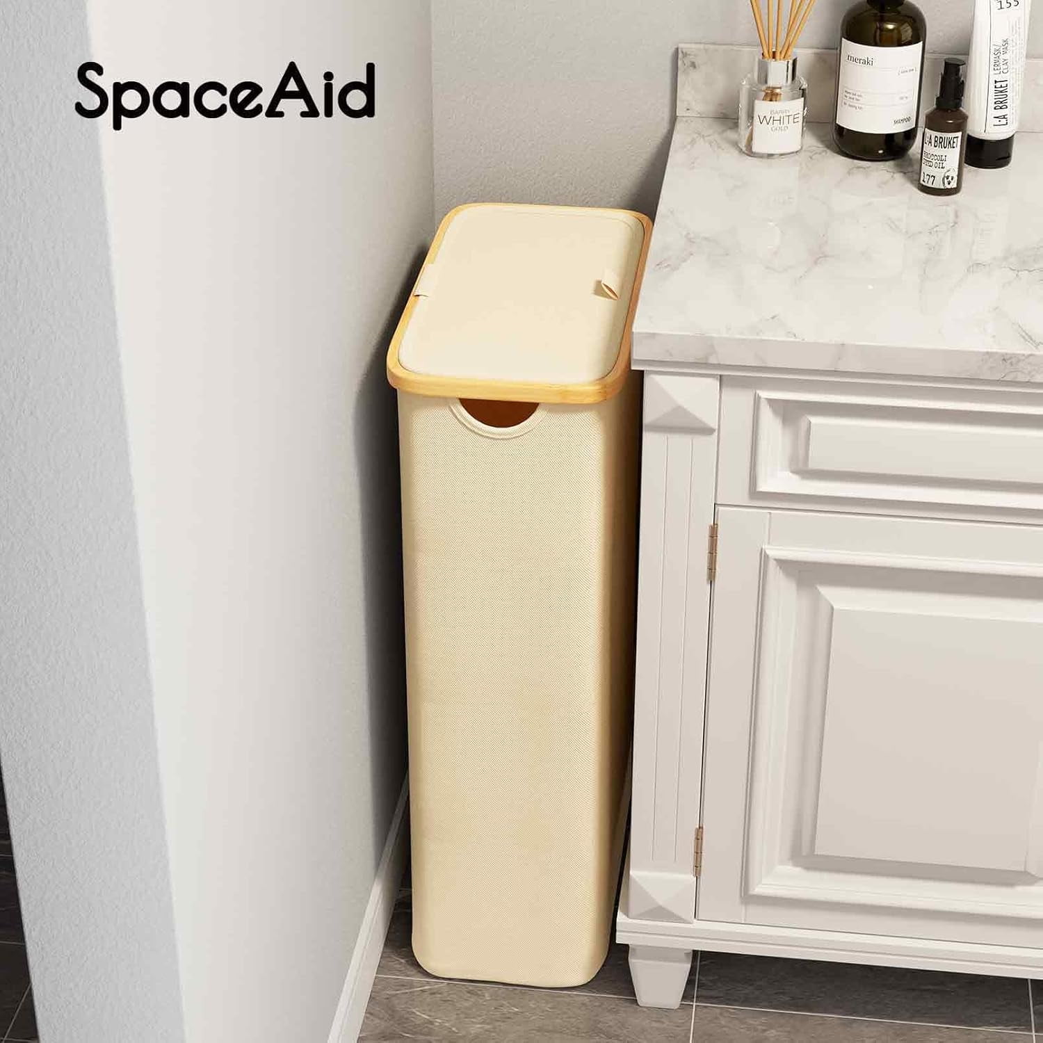 SpaceAid Slim Laundry Hamper with Lid, 65L Narrow Tall Clothes Basket Bin, Beige