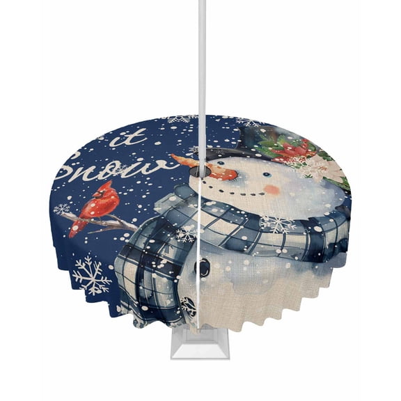 Boanket Outdoor Tablecloth with Umbrella Hole for Patio/Picnic/Party/Camping, Blue Snowman Christmas Waterproof Table Cloth Round Cover Washable, Snowflake Birds Botanical (Dia 60")
