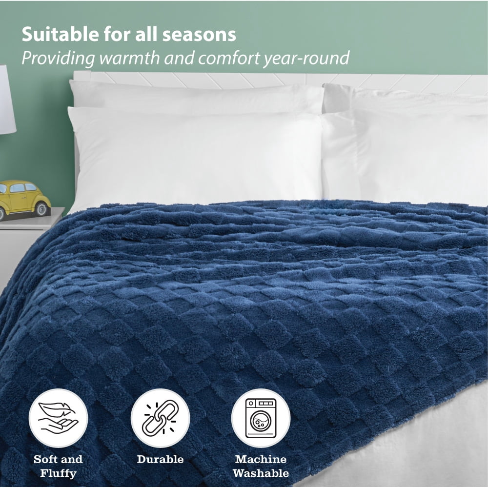 Your Zone Navy Embossed Checkerboard Oversized Blanket, Twin/Full, 76" x 86", Kids