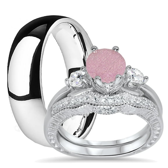His Hers Wedding Ring Band Set Engagement Bridal CZ Him (Titanium) Her (Silver) (5/10)