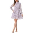 thumbnail image 1 of Vestido de gasa largo de manga larga con cuello de pie y volantes en capas de flores para mujer estilo chic, color púrpura, 1 of 6