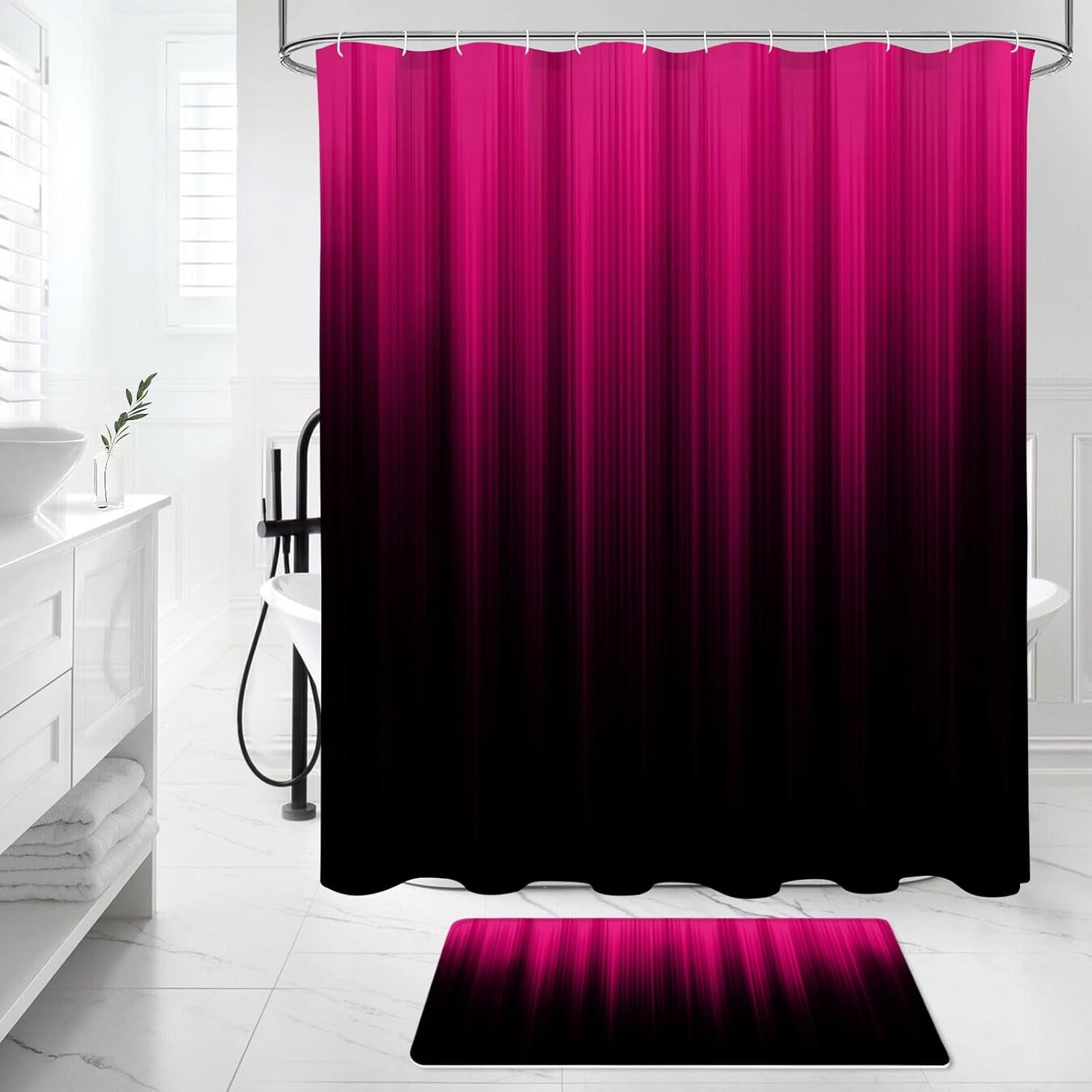 Red and Black Gradient Shower Curtain Set with Rugs and Toilet Lid Cover, Modern Simple Waterproof Fabric Bathroom Set, Ombre Stripe Gothic Abstract Bathroom Decor Set Accessories