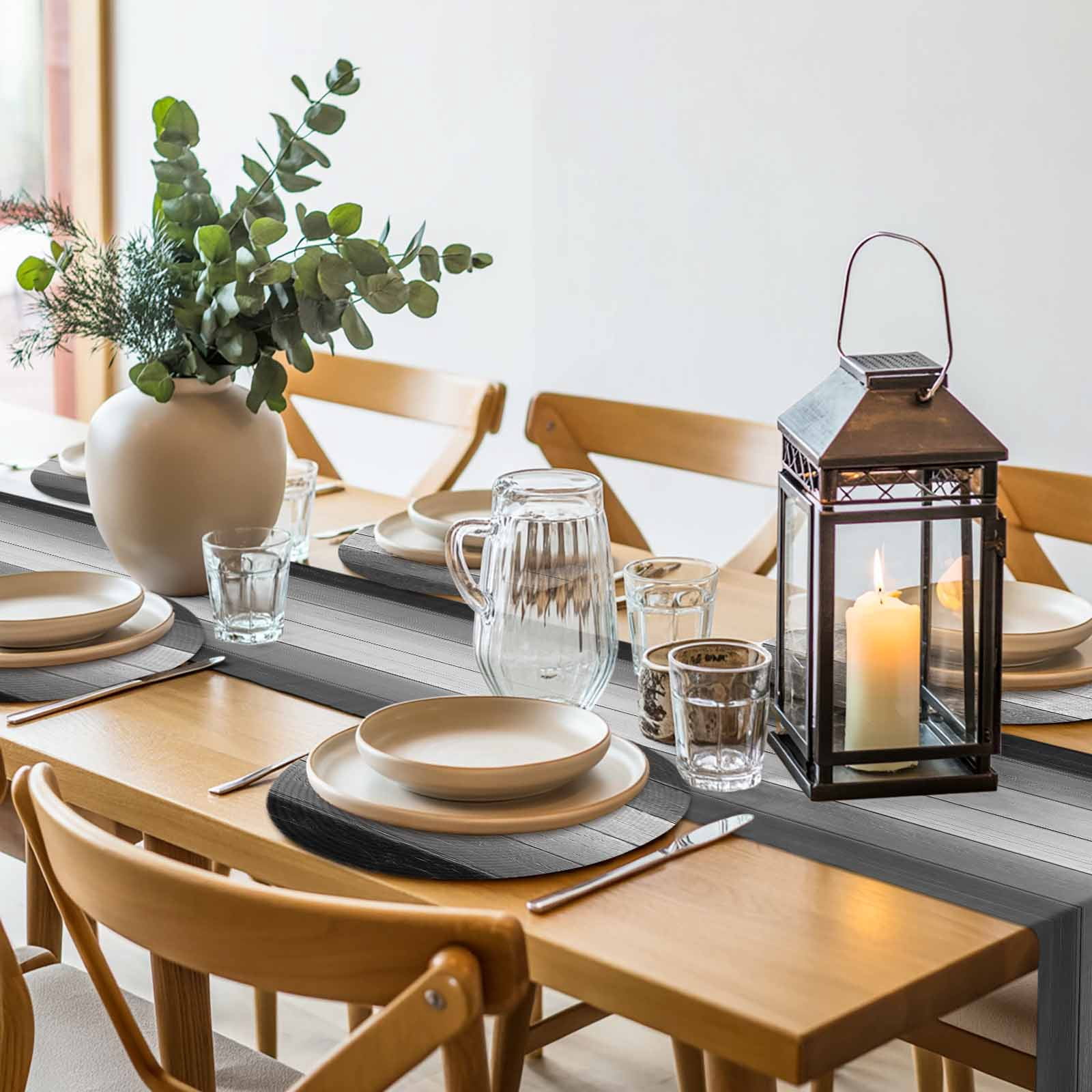 Round Placemats Set of 4 Black Wood Grain Place Mats Washable Woven Placemat Grey Gradient Wooden Circle Braided Table Mat for Kitchen Dining Table Party Home Decor 15 Inch