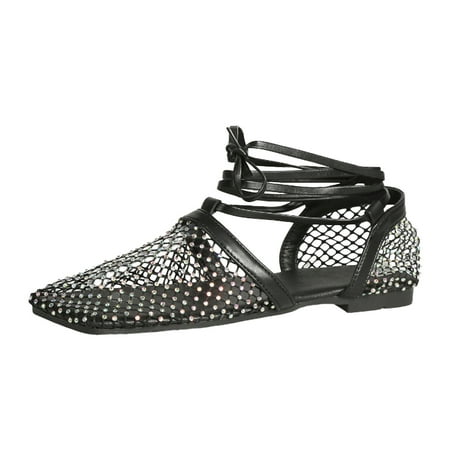 

Ladies Hollow Fishing Net Breathable Rhinestone Decoration Flat Bottom Strappy Large Size Casual Shoes Sandals
