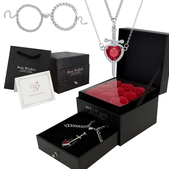 HYEASTR Rose Box with 2Pcs Necklaces & 2Pcs Bracelets Artificial Preserved Flower Valentines Mothers Day for Girlfriend Mom Birthday Anniversary Personalized Romantic Gifts