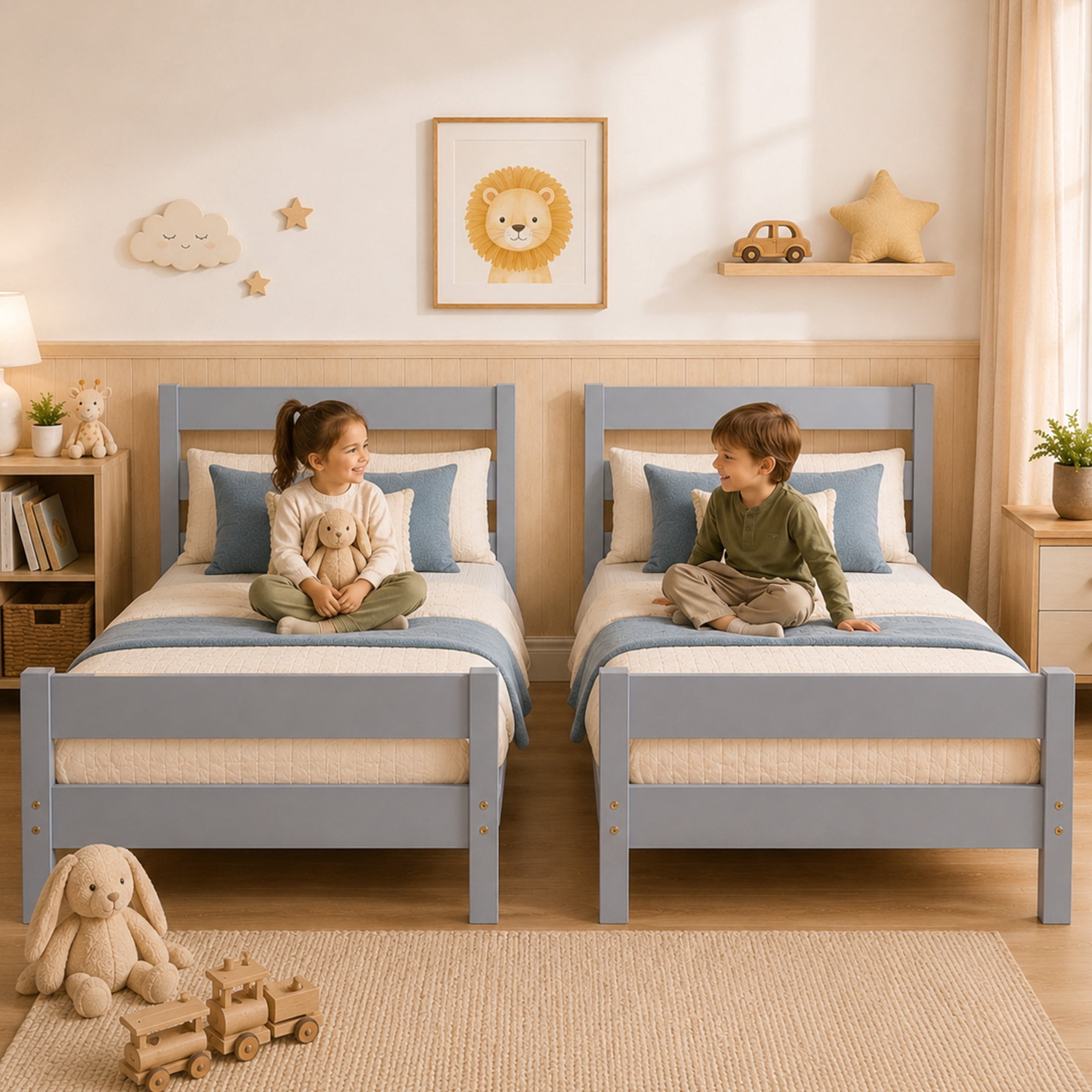 SESSLIFE Twin Bed Frame, Solid Wood Twin Platform Bed Frame with Headboard & Footboard, No Box Spring Needed with 250LBS, Easy Assembly, Grey