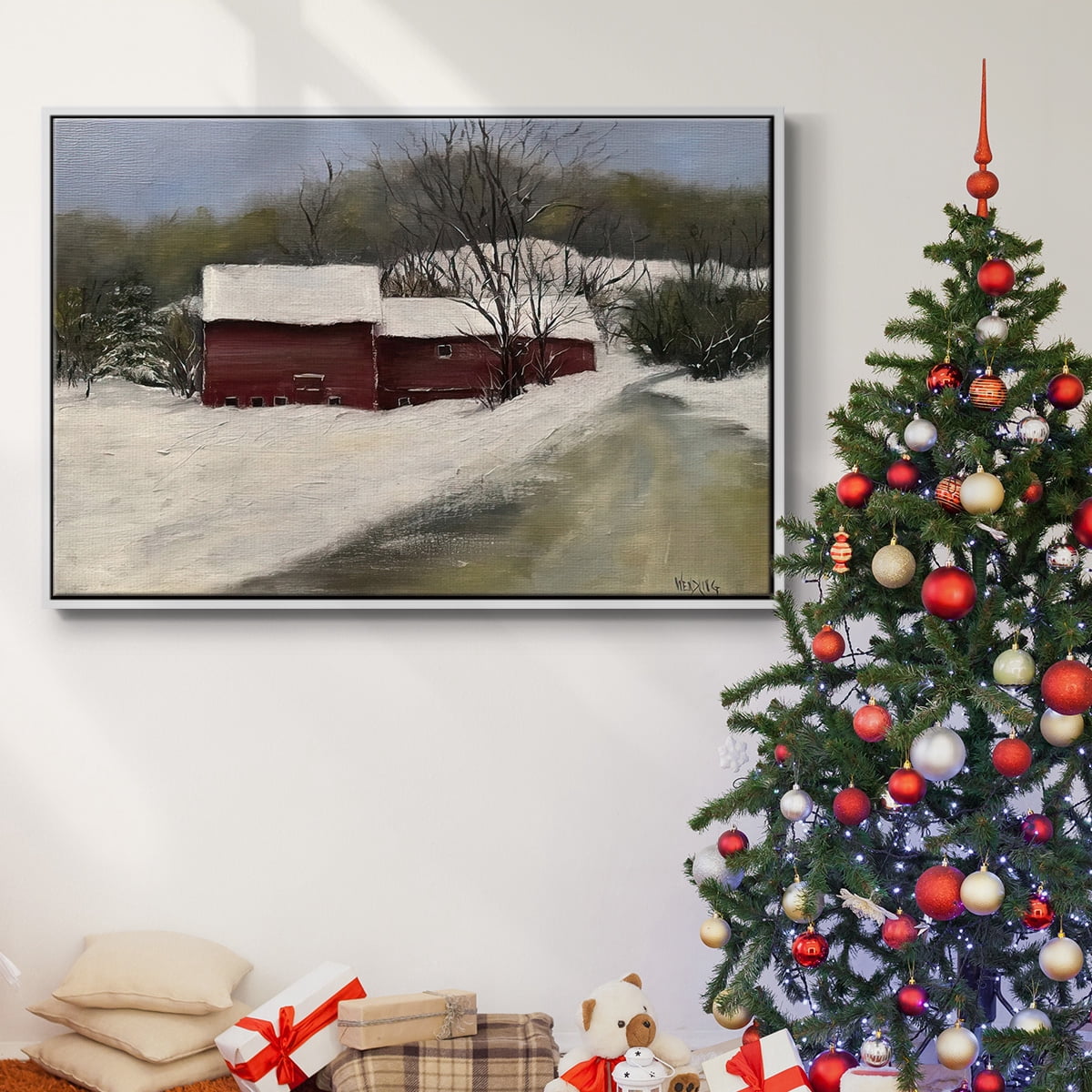 Winter Homestead II - Framed Gallery Wrapped Holiday Canvas - 17 x 25 - White Frame