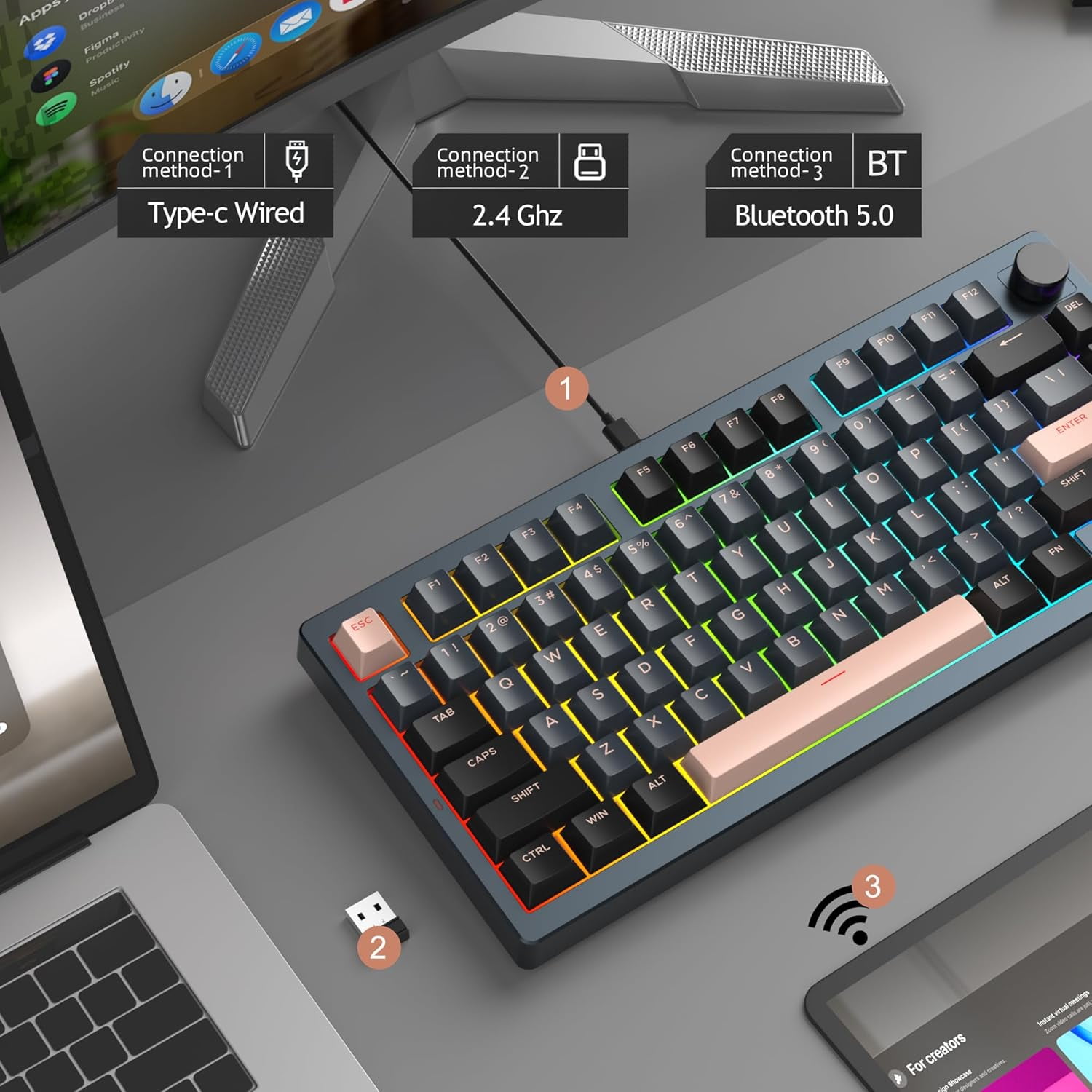 MageGee LIGHT75 Wireless Creamy Keyboard, Gasket Structure Hot Swappable, 75% Compact 2.4G/USB-C/BT5.0 RGB 4000mAh Battery