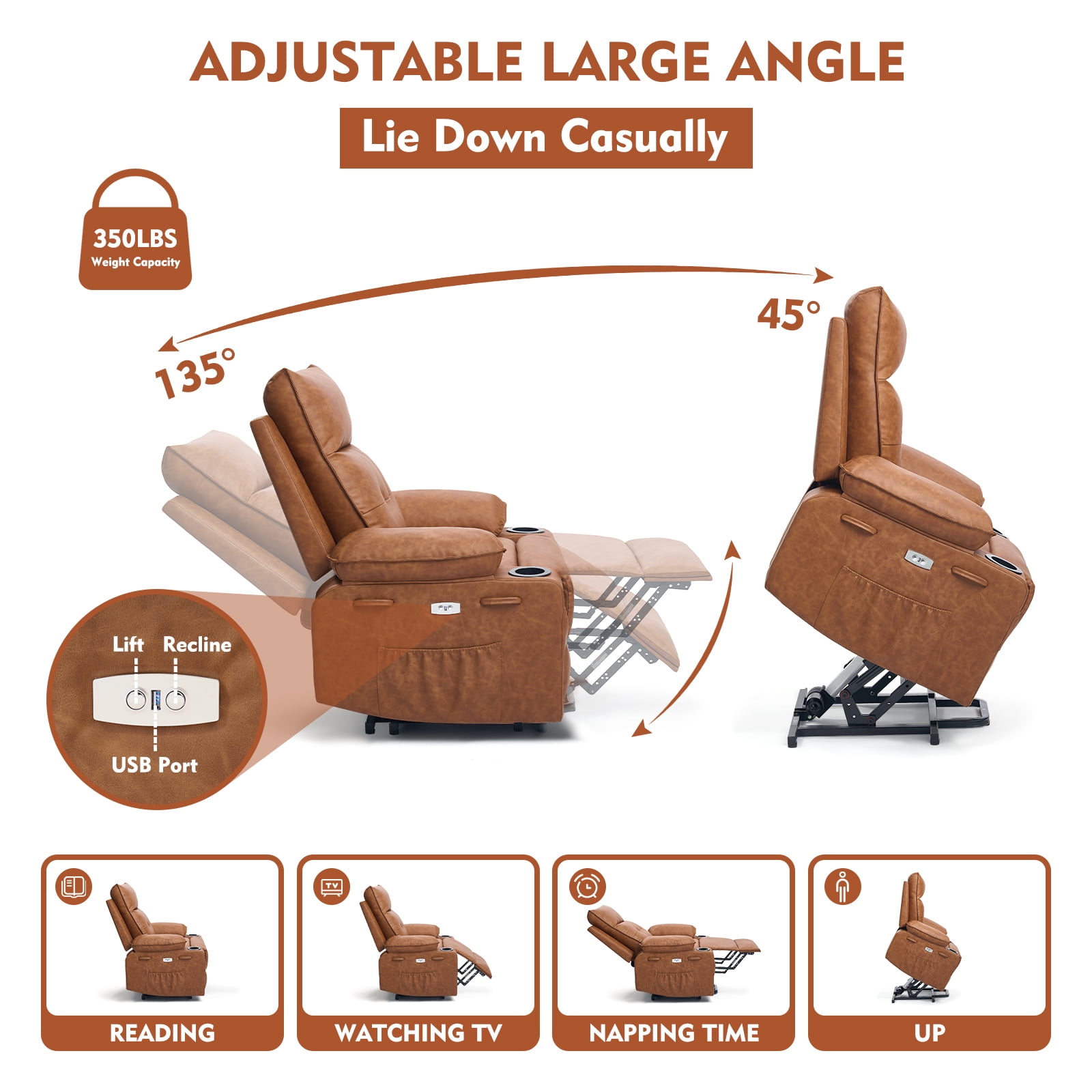 Betisef Power Lift Recliner Chair for Elderly, Adjustable Recline Chair W/Massage & Heat Functions Brown