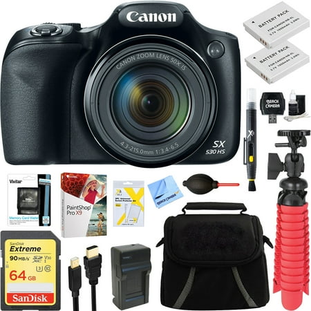 - Canon PowerShot SX530 HS 16.0 MP 50x Optical Zoom Digital Camera (Black) + Two-Pack NB-6L Spare Batteries + Accessory Bundle