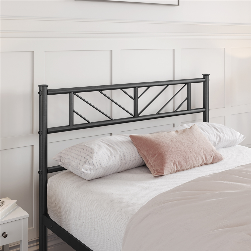 Fullfurnique Minimalist Metal Platform Bed with Arrow Design Headboard for Adults, Full, Black