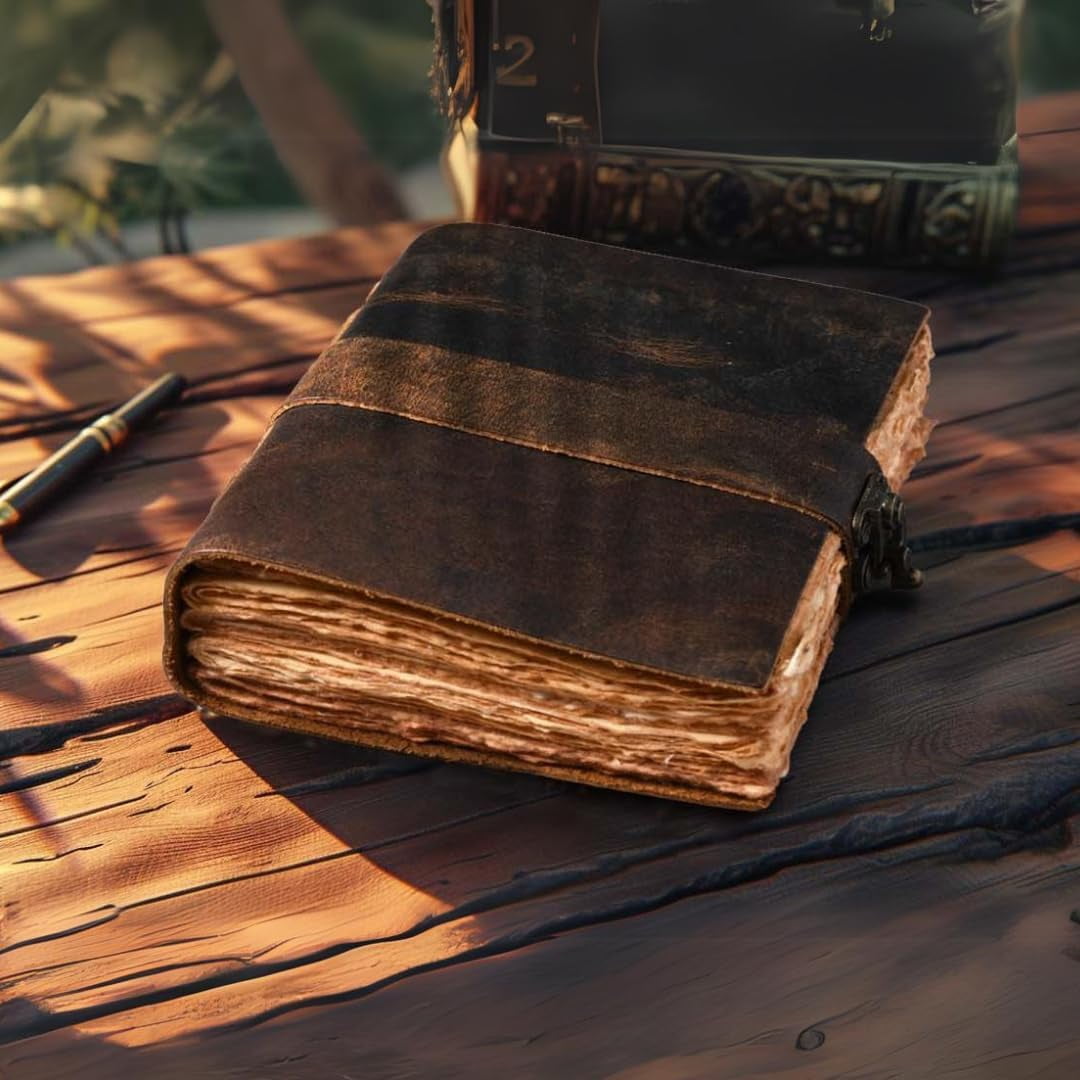 Leather Journal - Antique Handmade Deckle Edge Vintage Paper - Vintage Book of Shadows Journal for Women & Men - Lock Closure - 200 Pages