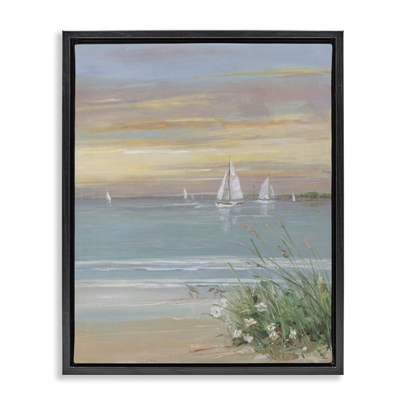 Stupell Industries Sailboats Beyond Sandy Shore Black Framed Floater Canvas Wall Art, design by Sally Swatland