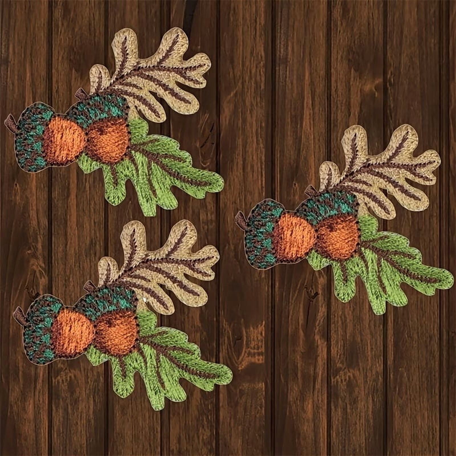 Acorn & Oak Leaves Embroidered Patch - Casual Style Iron-On Sew-on Applique for Clothing - Light Brown Mesh Weave Badge