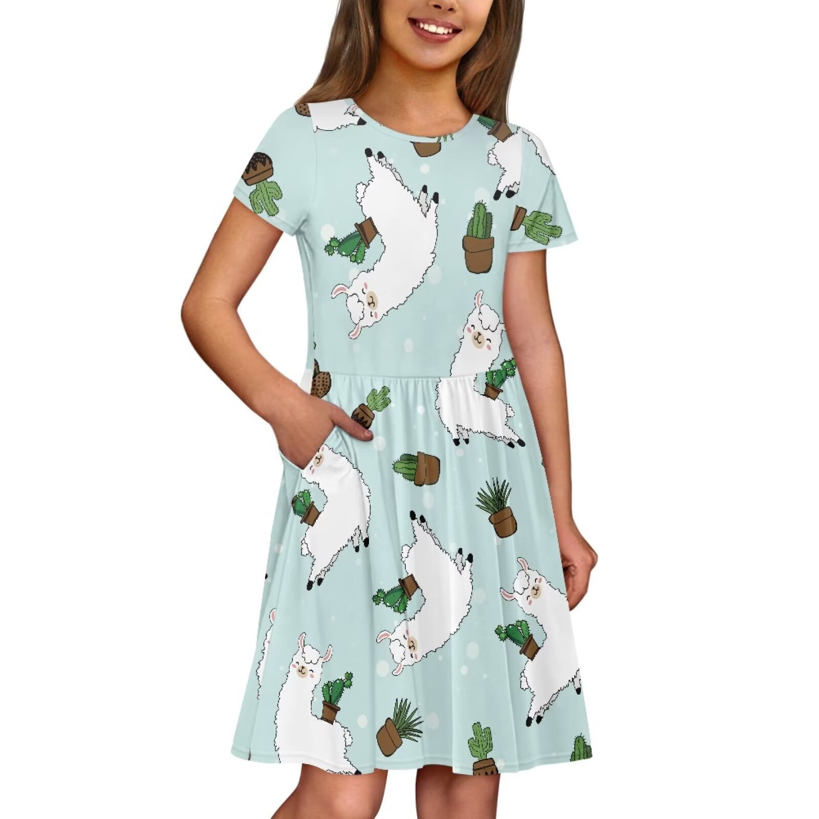 Uourmeti Alpaca Short Sleeve Swing Dress Girls Cute Crew Neck Midi Dresses Cactu Casual Beach Dress with Pockets Fashion Wedding Party Dresses