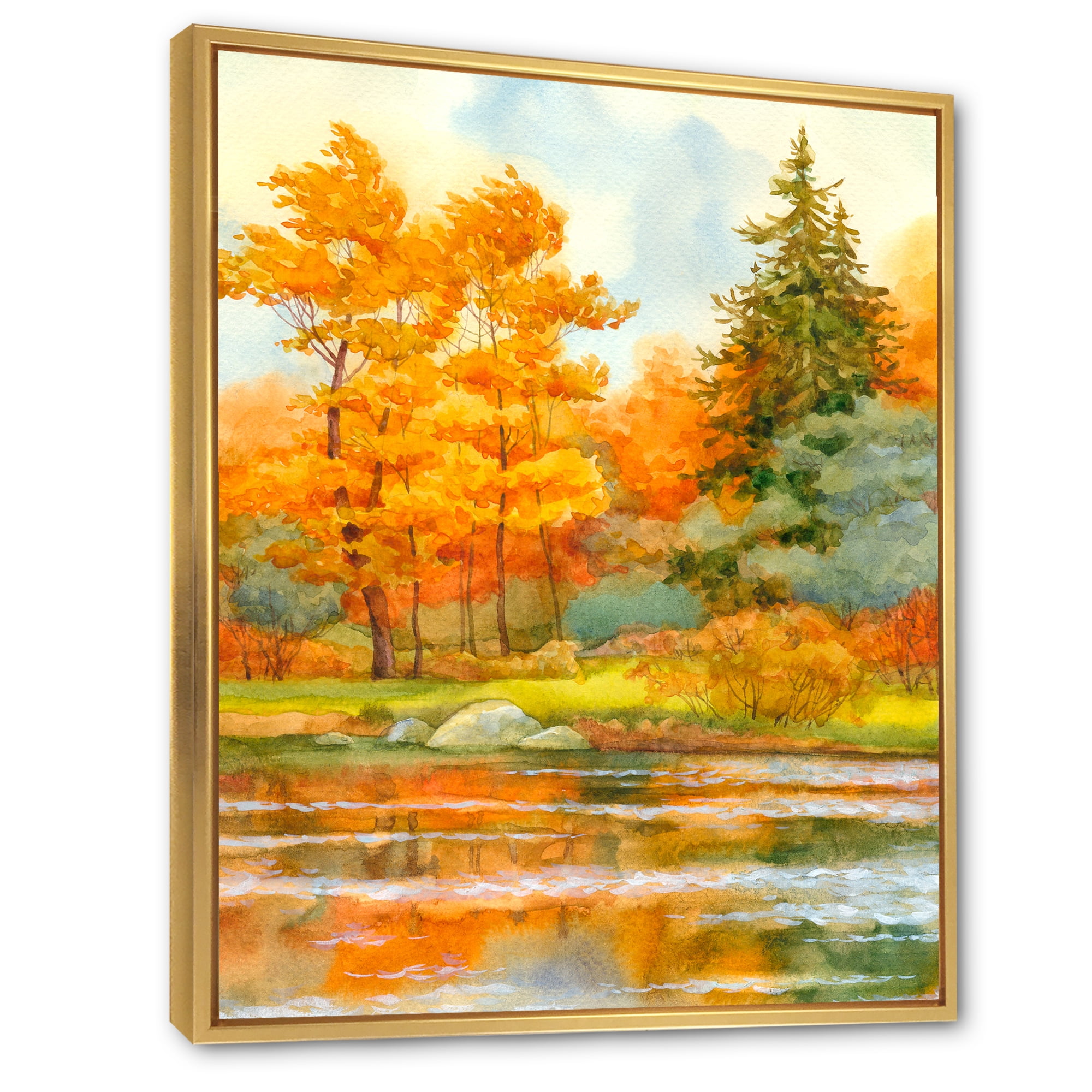Designart 'Autumn Forest By The Lake Side IV' Lake House Framed Canvas Wall Art Print