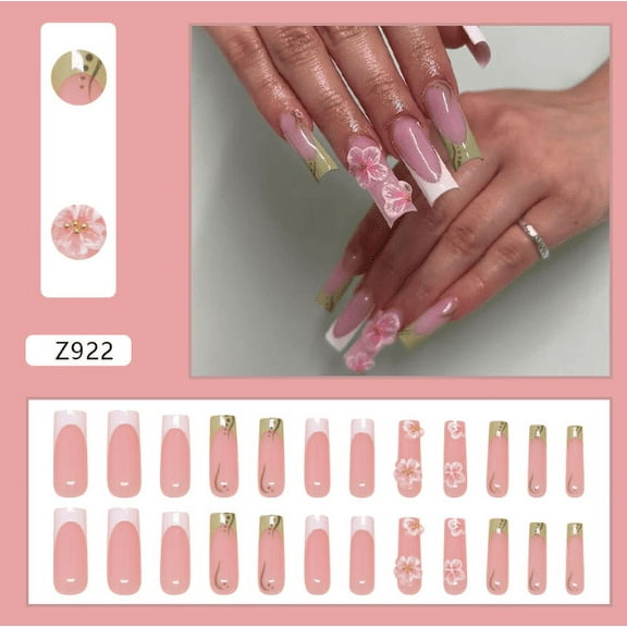 Square Press on Nails Long Fake Nails French Tip False Nails Pink Artificial Nails with Floral and Gold Charm Designs Cute Summer Nails Stick on Nails for Women 24pcs