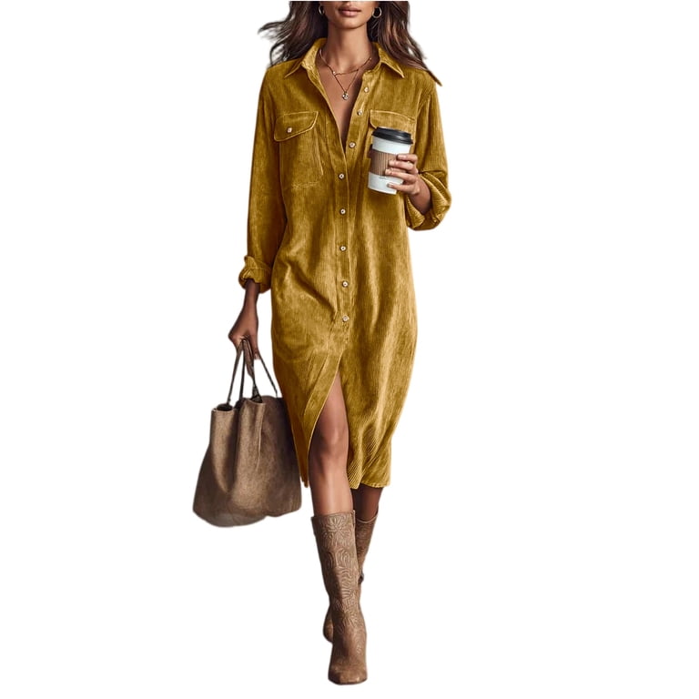 knee length dresses for ladies Corduroy Midi Shirt Dress main image 1
