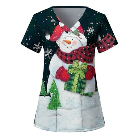 

Ladies Scrubs Top Fashion Christmas Printed Short Sleeve Pocket Loose