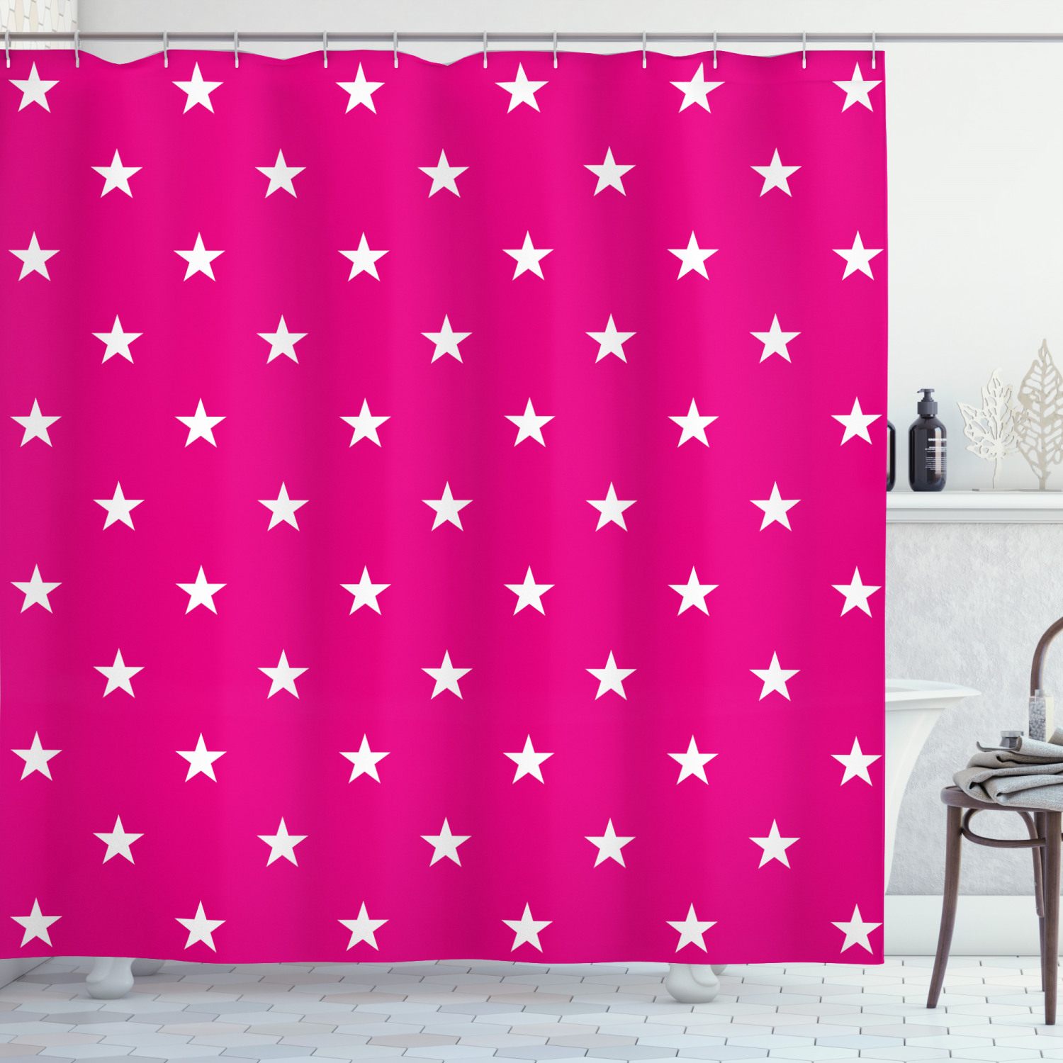 Hot Pink Shower Curtain, Symmetrical Pattern with White Stars Girlish